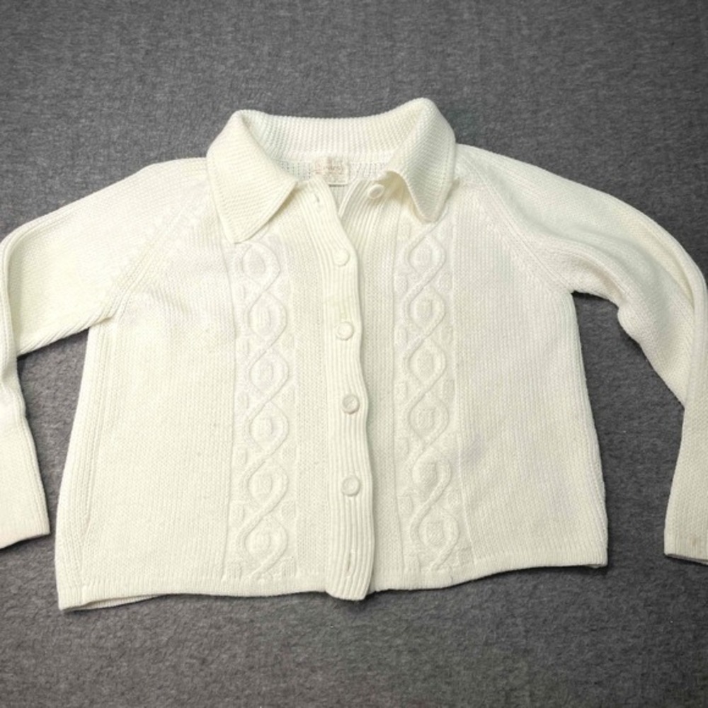 Vintage Sears Cardigan Women Small Ivory Cable Knit Button Up Collared Retro 70s